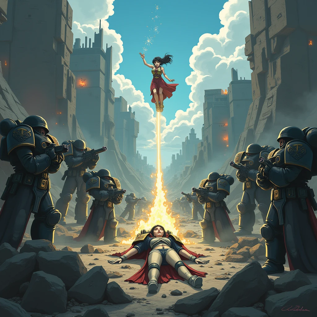 Battlefield from Warhammer 40,000 top view, space marines stand and shoot, in the middle lies an anime guy with his eyes closed and a cartoon soul comes out of his body upward