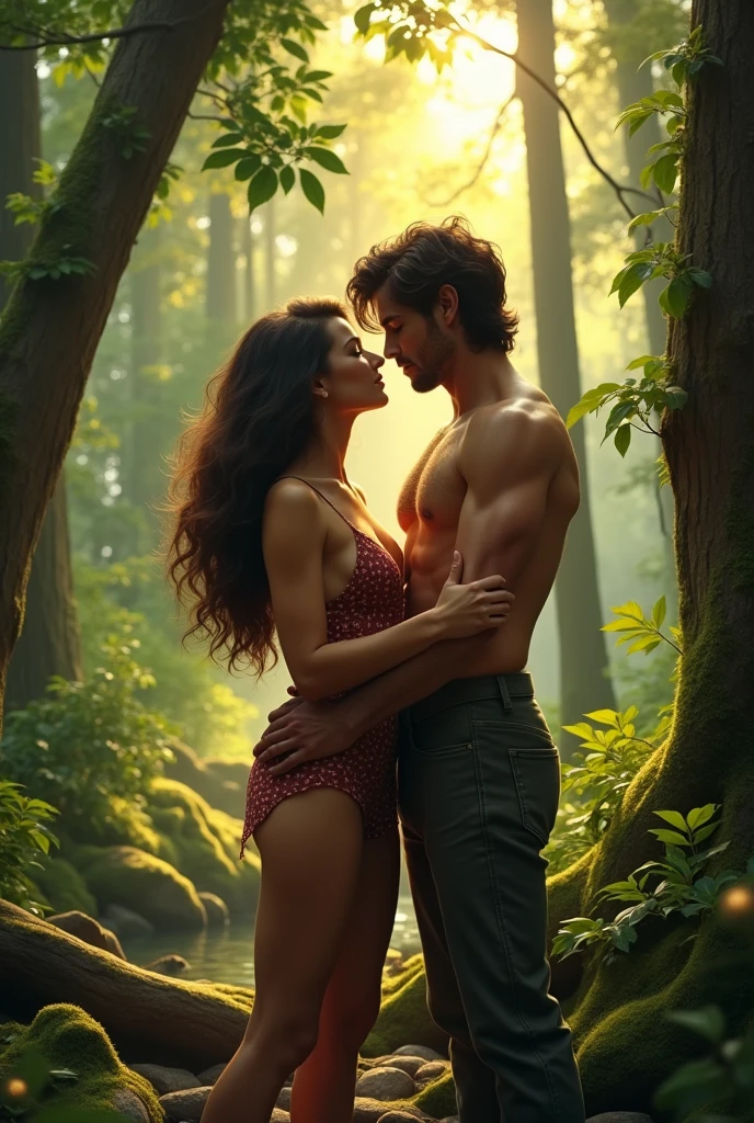 a brunette with a buxom body and a handsome and fit brunette man riding together in a forest in the sixties