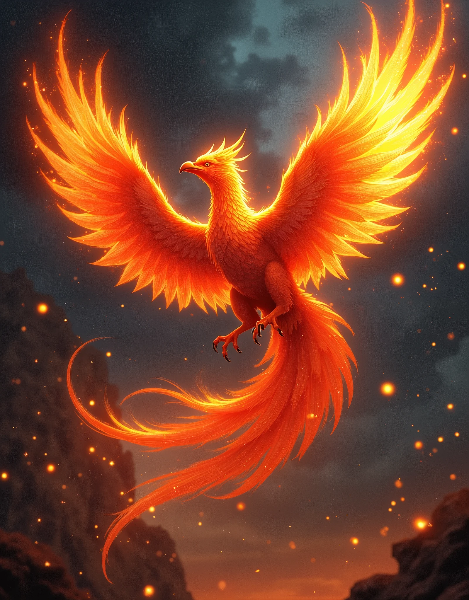 Illustration of a flaming phoenix flying through the night sky, burning phoenix, flying backwards scattering particles of flame, dark fantasy, high contrast, shimmering, shining, gracefully spreading wings, (mystical atmosphere), finely detailed phoenix wings, body outlined in red. painted in orange, Vivid contrast, accurate detail, high detail, shining contours, precision, high-quality oil painting, stunningly beautiful touch rendering