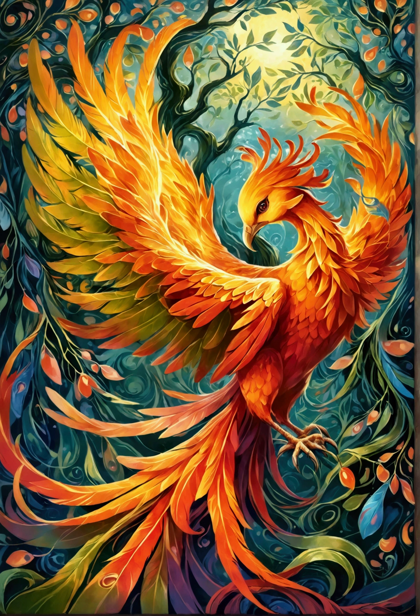 A splendid, mythical phoenix with vibrant and fabulous feathers. The bird is softly clutching an olive branch in its talons. Its wings are artfully shaping the symbol for femininity. The portrayal of the phoenix is filled with surrealistic, dreamlike elements, characterized by distorted perspectives and melting features, akin to the arts of the early surrealism movement. The image is rendered in a digital painting, with the use of soft brushstrokes to enhance the whimsical and fantastical nature of this creature. The artwork falls under the genre of fantasy-inspired scenes.