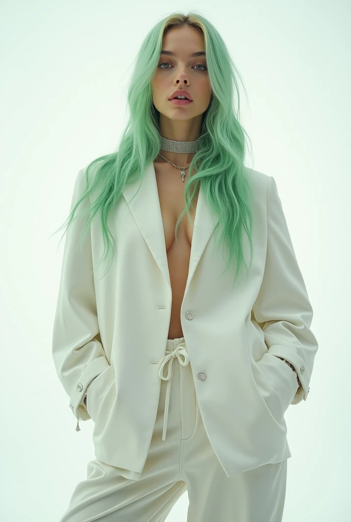 a photo of billie eilish posing on a white background
