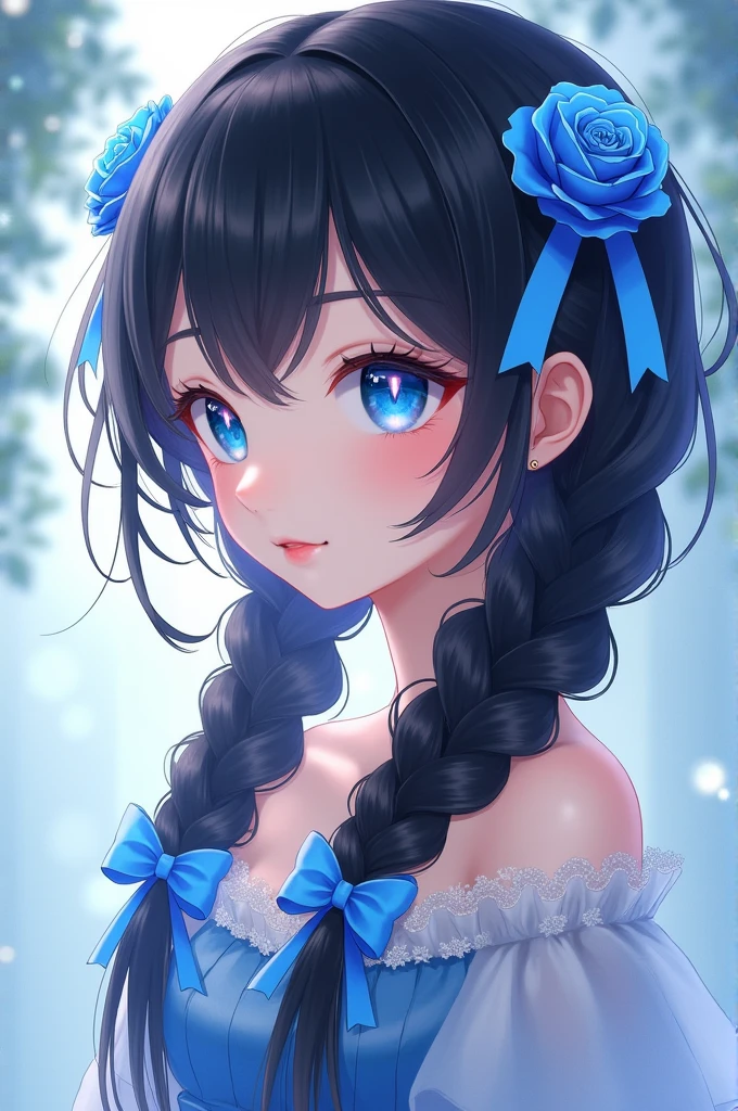 a young girl with long and fine wavy black hair, have a two-parted fringe with a hairstyle "Qingleng gan ce bian pijian fa" with each sky blue ribbon and dark blue rose in the braid with the ribbon tails folded, has a blue ruby diamond pattern eye type like athanasia with californian coral gradation underneath has soft and smooth white skin