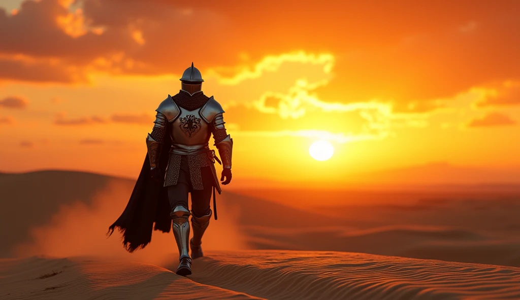 A highly realistic, high-contrast, 8K HD, detailed, hyper-detailed image of a lone medieval knight with a lion emblem on his chest, walking through the desert at sunset, clad in steel armor with his helmet fully covering his face, the warm, golden light of the setting sun casting long shadows across the sand, the sky ablaze with vibrant hues of orange and red, creating a dramatic and solitary atmosphere, ultra-high resolution, RAW photo quality, Unreal Engine rendering, capturing the knight's determination as he strides forward under the evening sky.