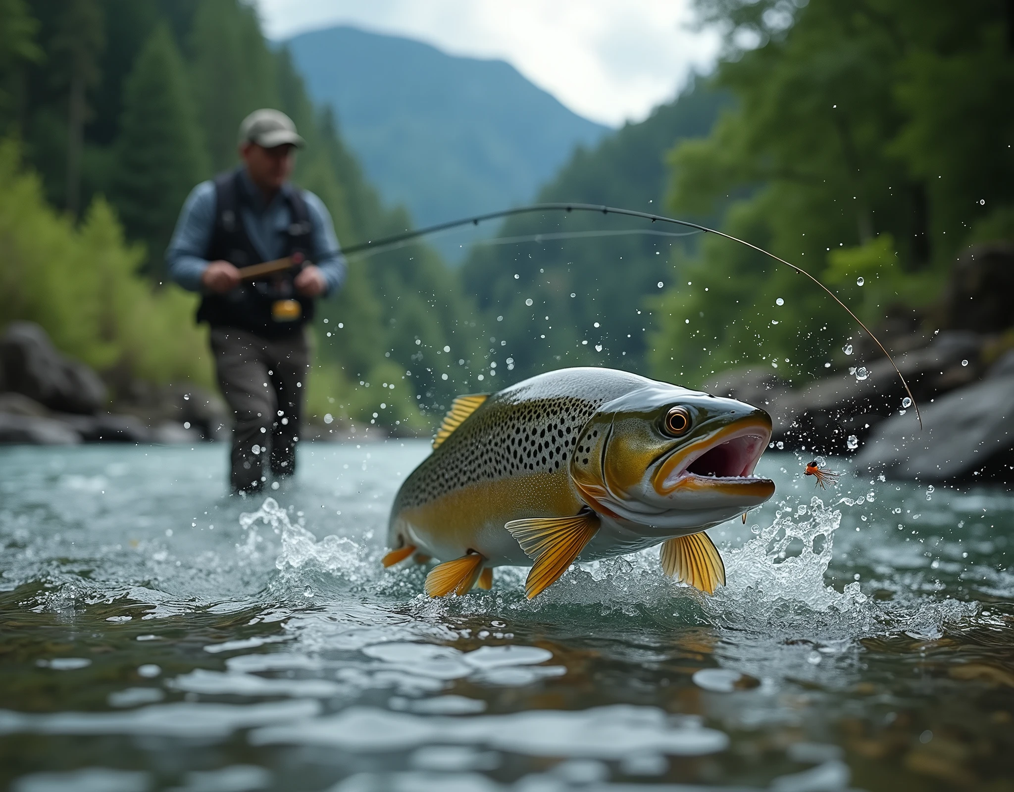 Professional photos, The fly landed on the water, Thrown from a fishing pole, Yamame trout biting from underwater, dynamic motion, Clear Japanese mountain streams, (Fly Fishing), A fisherman can be seen in the background looking towards us., Bend the fly rod in your hand, Staring intently at the fish, BREAK The moment the fish bites the fly, and…