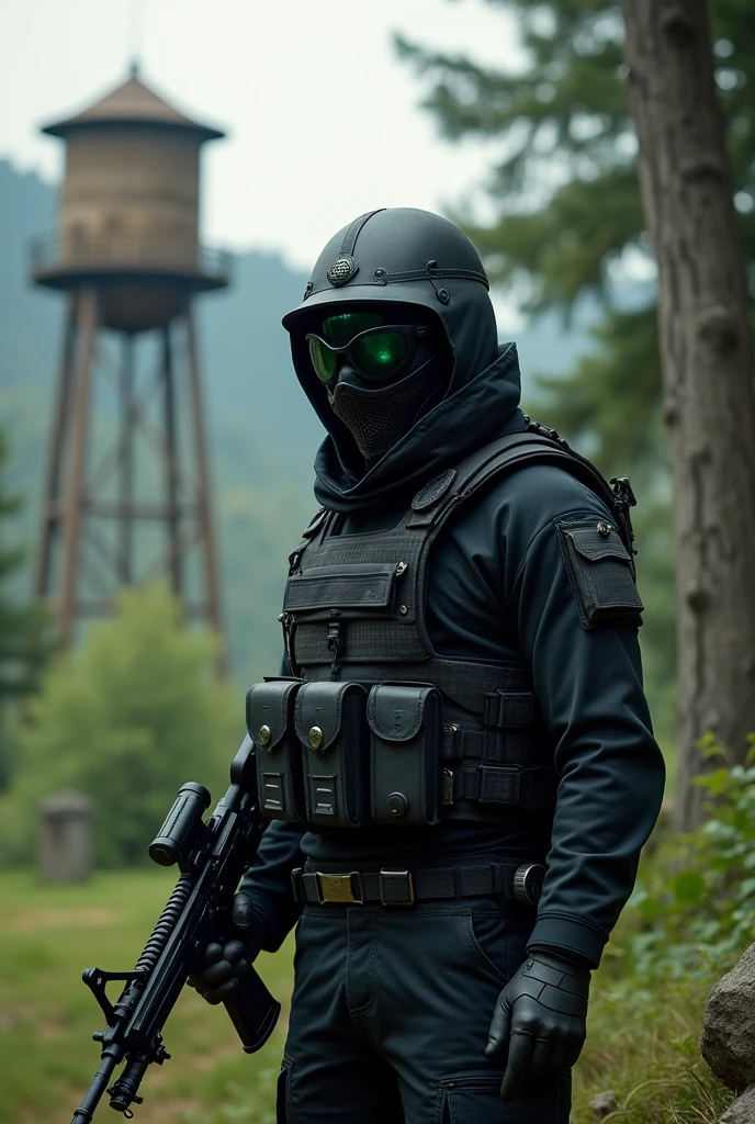 A man wearing a black cloth outfit, his face completely covered by an iron mask with glasses, wearing an M35 helmet, Wear a sun-protective jacket.

The setting is near a beautiful natural large water tower, in the middle of the forest.