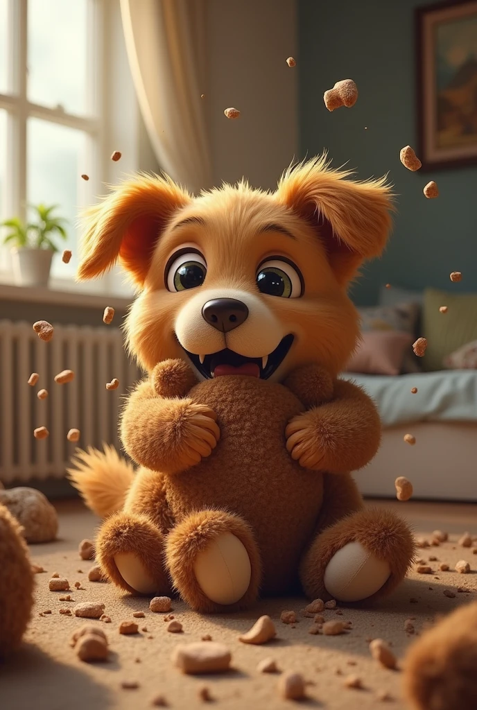 A dog came and took the brown teddy bear and bit it until it was torn apart.