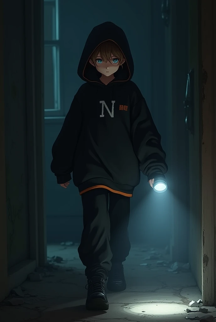 A young teenage high school boy, your big hair, brown and gently wavy up to ear level, Your skin is white, your eyes are dark blue. He wears a very large hooded sweater, completely black with very discreet orange stripes on the model, on that same blouse there is a letter "n"  Very small capital letters in white in the chest area to make it very characteristic. He wears long black pants and his shoes are also the same color.. nesse ambiente, he is in an abandoned house at night completely dark in the basement, as he holds a flashlight in his hands, his expression shows fear regarding the frightening environment he is in.