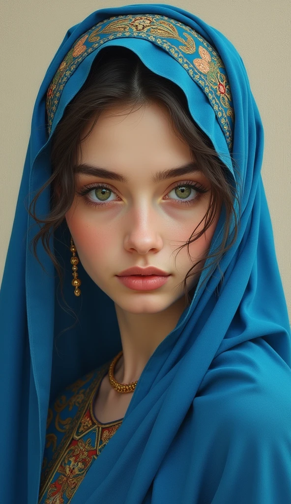 painting of a woman in a blue scarf on a wall, qajar art, beautiful iranian woman, very beautiful portrait, portrait of virgin mary, traditional beauty, pale-skinned persian girl, detailed face of an arabic woman, beautiful portrait, young middle eastern woman, beautiful portrait of a woman, painting of a woman, in style of old painting, stunning portrait.
