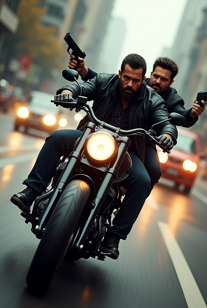 Two Male in one incredible black bike a person of back of the bike having gun with short dark hair and beard chasing car realistic