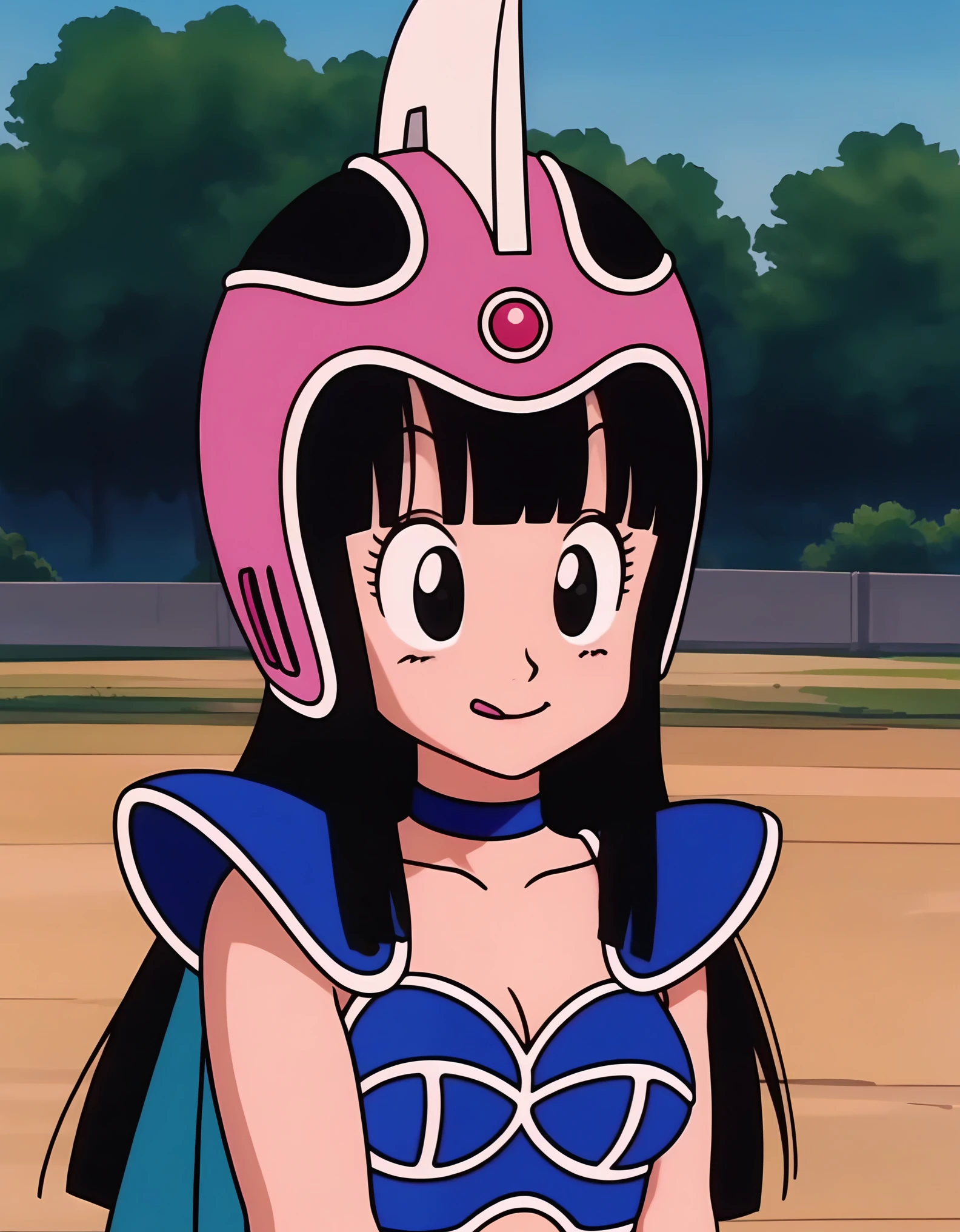 source_anime, score_9, score_8_up, score_7_up, anime screencap,8k, absurdres,
chi-chi, aged down, blue outfit, female , 1girl, long hair, smile, bangs, black hair, collarbone, upper body, outdoors, pink headwear, blunt bangs, black eyes, helmet, shoulder armor, pauldrons, blue choker, medium ass, medium breasts, tits, tongue out, full body