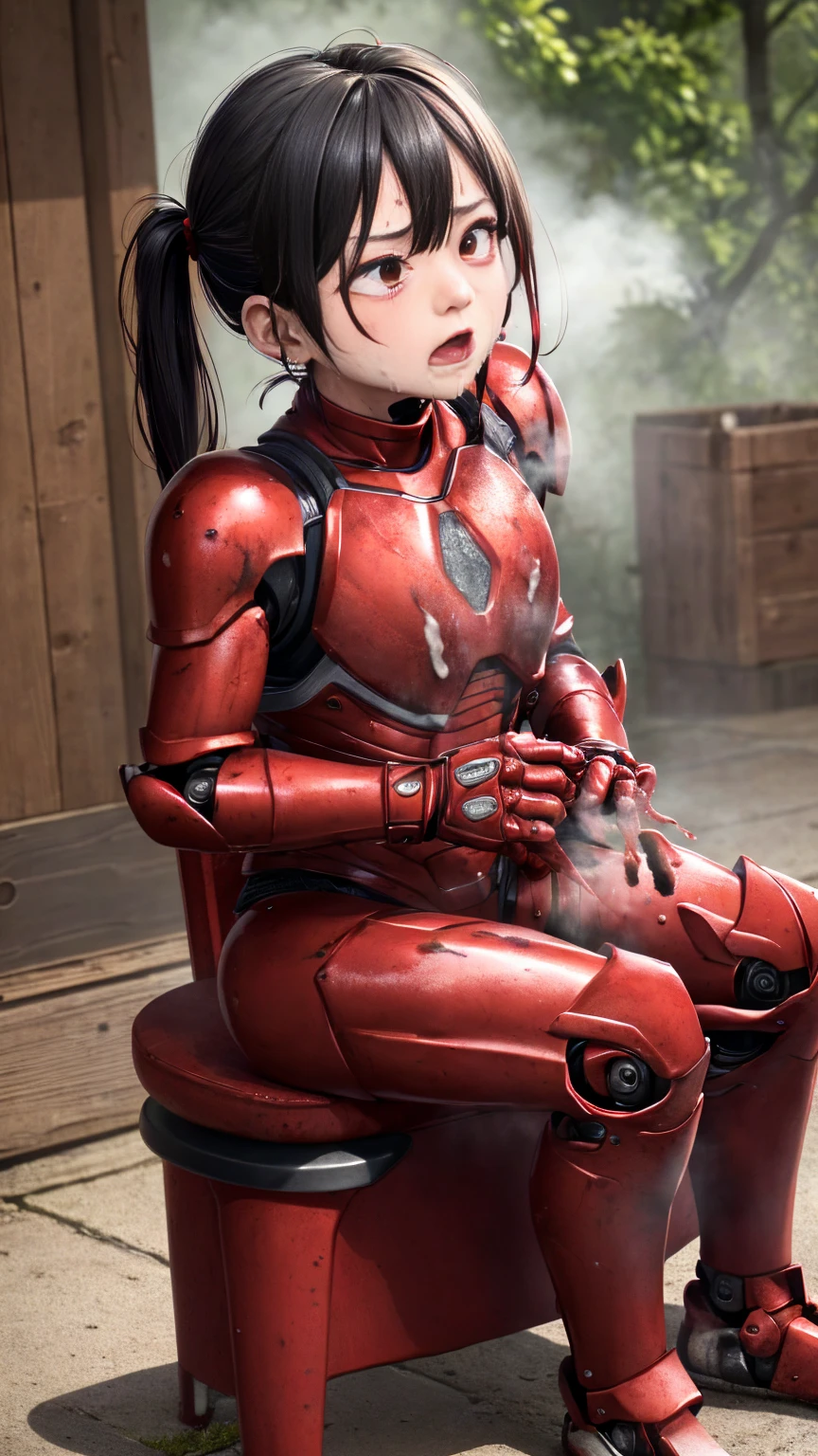 Rough skin, Very detailed, Advanced Details, high quality, 最high quality, High resolution, 1080P 、Bleeding from the wound、Red Armor、Wearing red and black、The weakest　((Serious damage to the whole body))(Wearing a damaged female robot suit...)(Red Armor)(Broken Armor)Black Hair、Cracked Glasses、Chiquita、Soaking wet、Open your mouth、Sweaty face、It hurts again、cute、knock down、Droolinging from the mouth、Female college student　Cramp　(Steam coming out of the face) ((Steam from the body)) Sit on a chair　Touching the vagina　Drooling　look up　suffering　Filming locations　Remove the helmet　My eyes have disappeared
