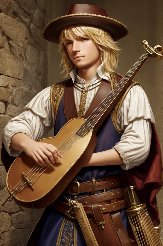 (medieval bard character), short young man of 1.50, fur (clear color), hair (straight blonde) with medium cola, belt with (pan flute), (mouth harp), lute tied on the back, dressed in (medieval bard costume), style (dungeons and dragons)