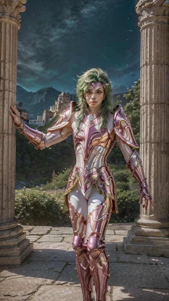 A man, male details, Degel Andromeda from Saint Seiya, masterpiece, best quality, highly detailed RAW color photo, sharp focus, 8k high definition, reading glasses, holding a chain, long green hair, turtle neck, male wearing pink shiny armor, light turquoise green hair, tight-fitting  undergarment beneath armor, purple eyes, leg armor, shoulder armor, pink armor, reflection on armor, headset, pink headband, sparking armor, white skin-tight transparent vinyl, gentle smile, in an open and well-lit Coliseum,Fighting Pose with Greek pillars and garden with flowers, Andromeda Armor, standing straight, sacredness, landscape, bright, facial freckles (0.1), to8contrast style, posing in a bright Coliseum with Greek golden pillars, rim lighting (1.4), two-tone lighting with soft highlights, octane, unreal, well-lit, aura of wisdom.