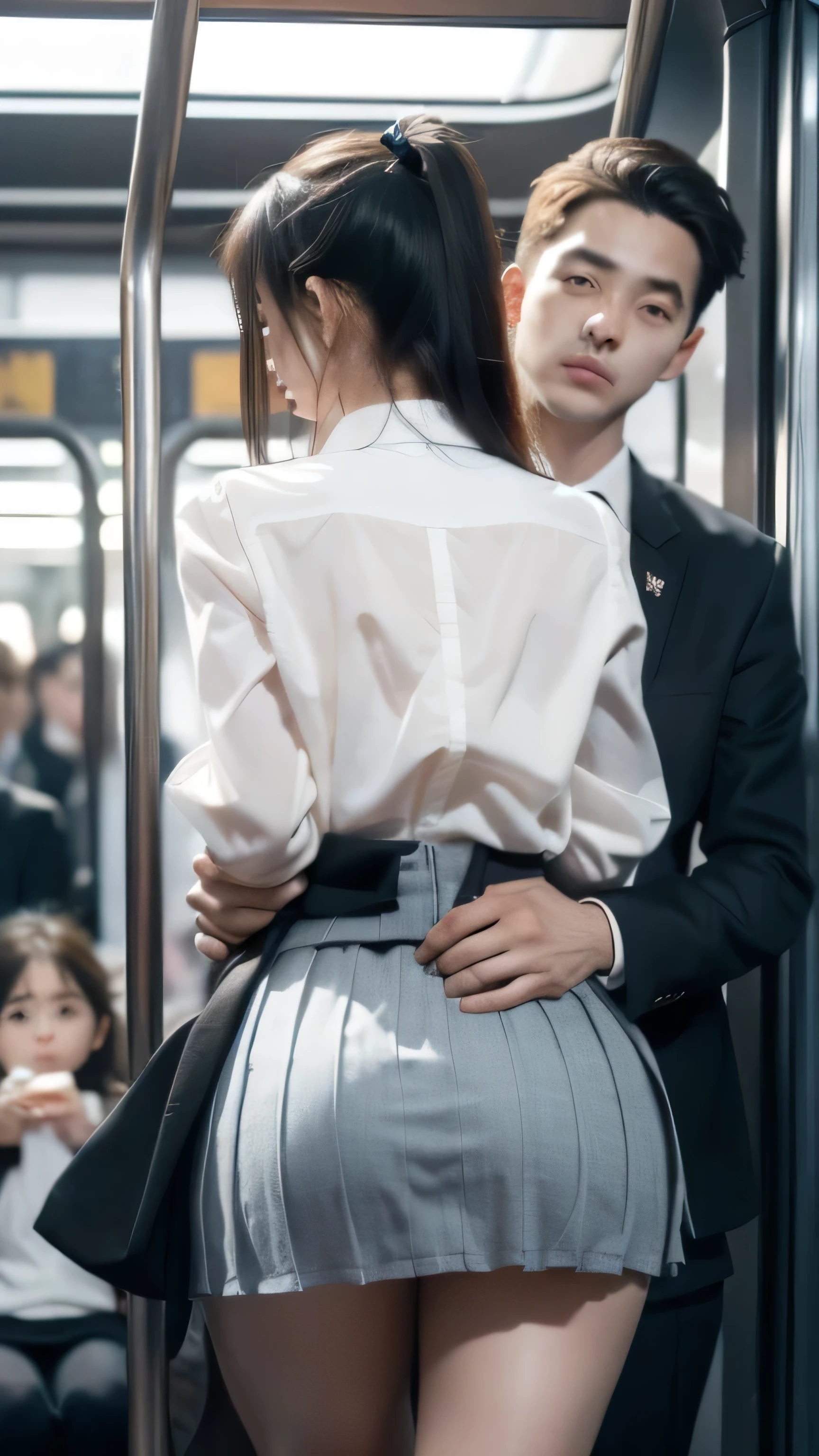 SFW, Realstic, Masterpiece, Detailed scenario of the interior of a VERY congested metro train, VERY crowded inside the metro train Detailed background, debout incroyablement chaud (Femme 1) Utiliser Sexy ((Uniforme scolaire)), (((Skirt raised)), (gros cul), (thick thirst), (Expression de la peur), visage rougi, old little man ass fumbling woman 1 from behind,(((Vieux petit homme pressant sa poitrine sur la femme 1 dos))) et (((holding her waist behind her)))