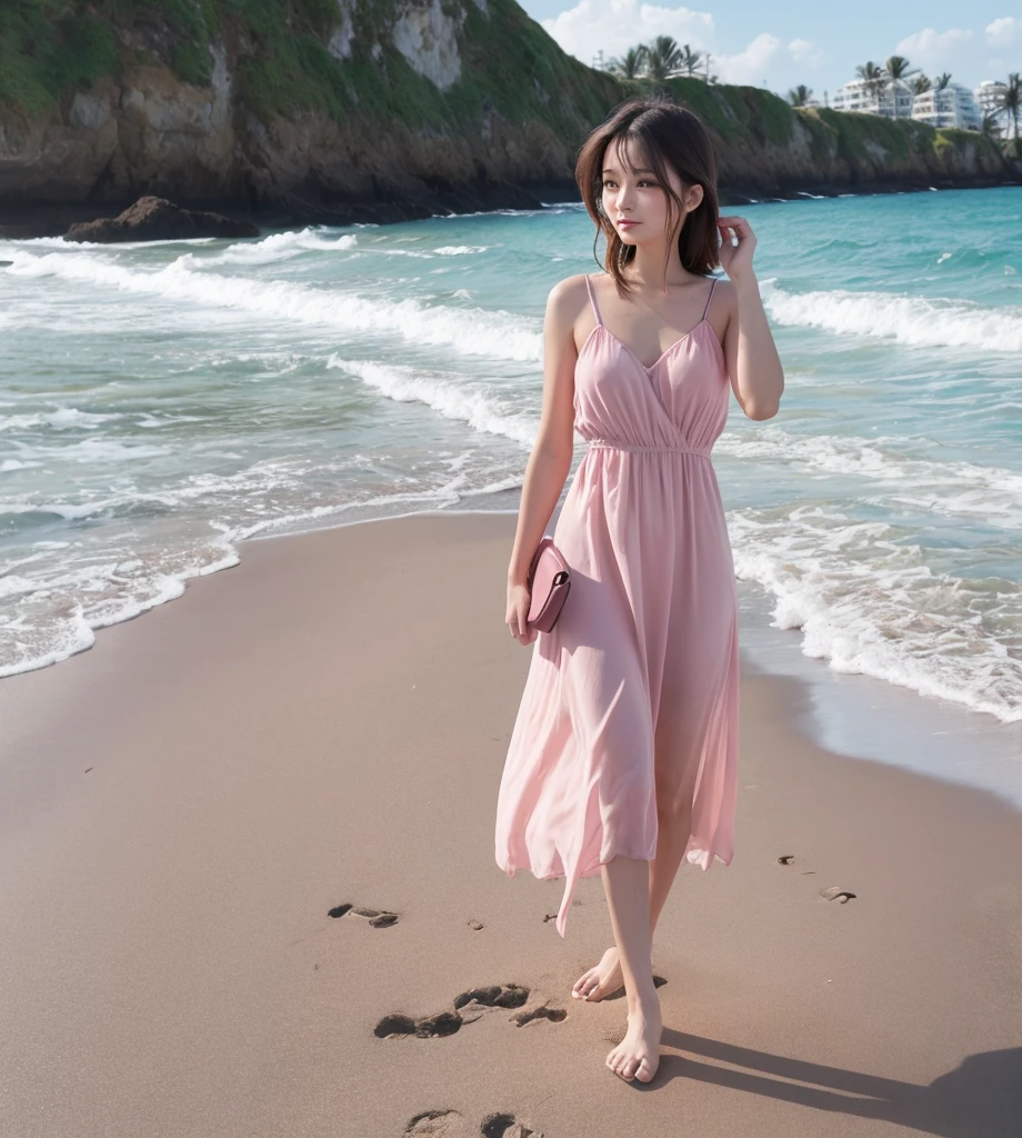 Walking along the beach in a feminine pink dress
