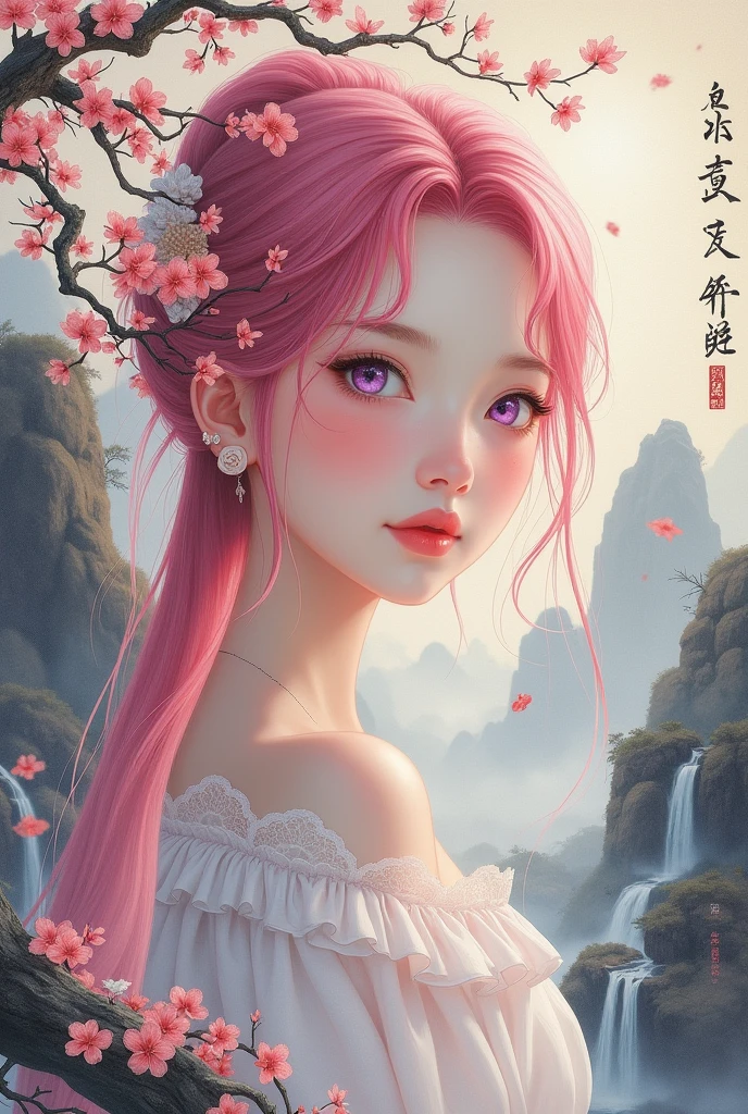 a girl, pink hair ,purple eyes, traditional Chinese ink painting