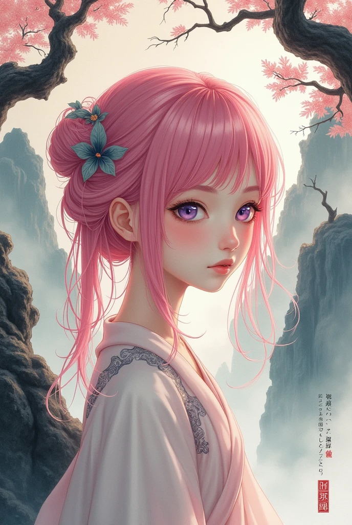 a girl, pink hair ,purple eyes, traditional Chinese ink painting