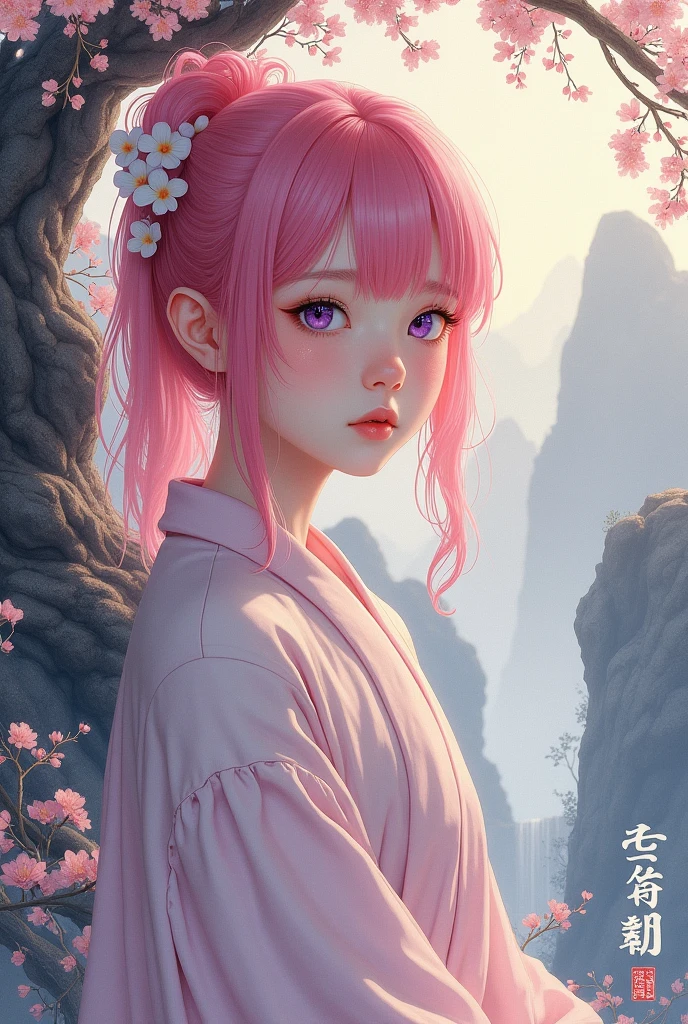 a girl, pink hair ,purple eyes, traditional Chinese ink painting