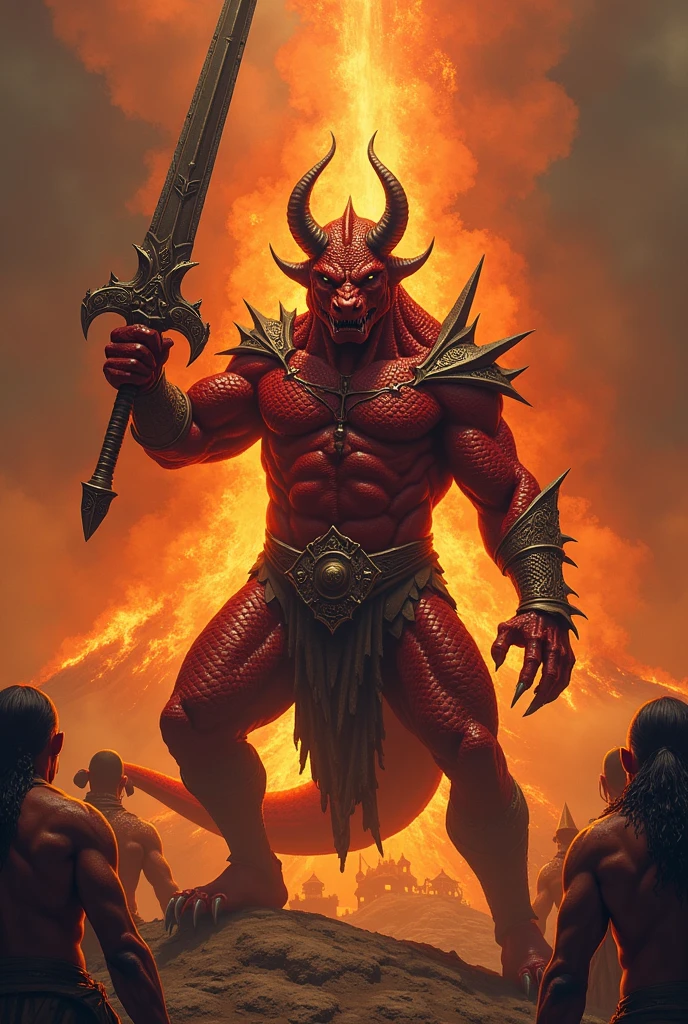 Red-scaled reptilian warrior with curved horns. He raises his arms intimidatingly, carrying a sword.
In front of you, several human slaves are bent over..  in the background an erupting volcano. 