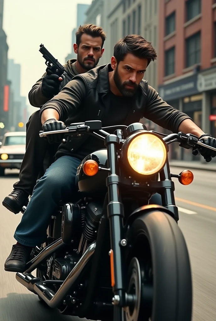 Two Male in one incredible black bike a person of back of the bike having gun with short dark hair and beard chasing car realistic