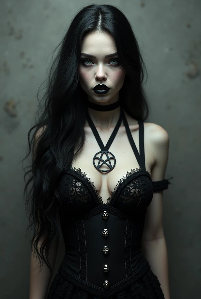 gothic girl, white eyes, long black hair, dark but sexy makeup, black painted lips, black lace dress, The dress has straps that form a pentagram design, wears corset with little skull buttons, sexy and dark look, with an air of superiority, Wicca sexy. Gray background. 3D