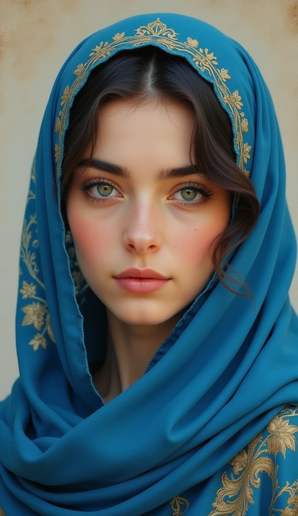 painting of a woman in a blue scarf on a wall, qajar art, beautiful iranian woman, very beautiful portrait, portrait of virgin mary, traditional beauty, pale-skinned persian girl, detailed face of an arabic woman, beautiful portrait, young middle eastern woman, beautiful portrait of a woman, painting of a woman, in style of old painting, stunning portrait.