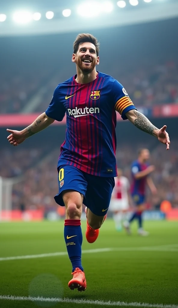 Photorealistic, 64K, A realistic lionel messi [wearing barcelona soccer jersey number 10] standing up celebrating his iconic celebration goal, both his leg opened wide, and also opened wide his arm, in stadium background