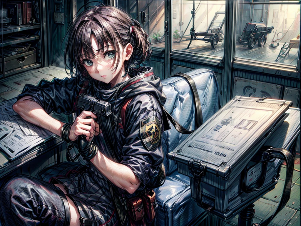 1girl, hold rifle, aim, sitting position