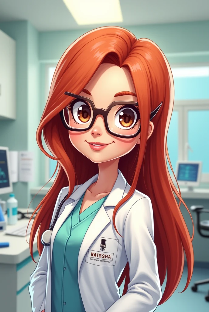 Long hair redhead female cartoon character, white, brown eyes and straight hair, wearing a lab coat with Natasha written on it and wearing glasses in a doctor&#39;s office 