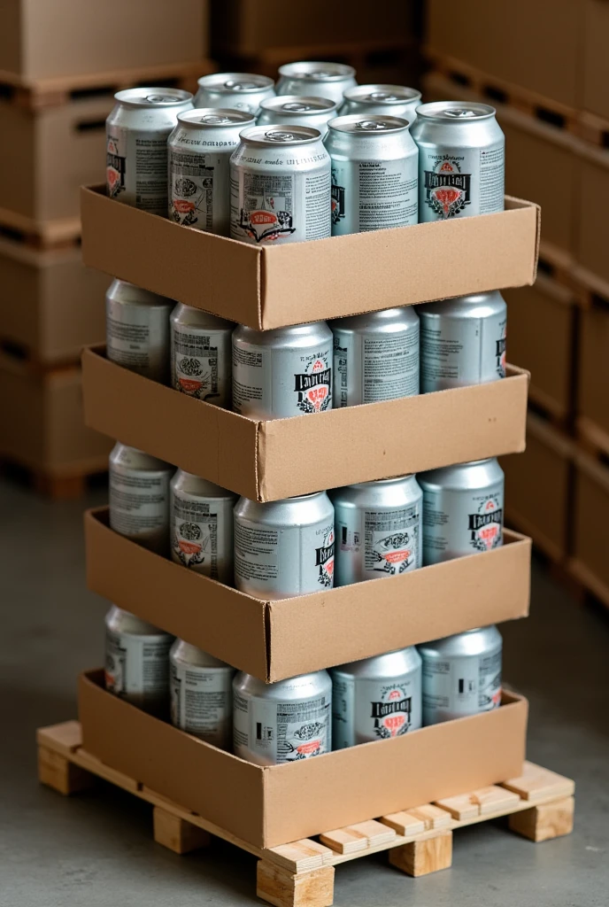 Stacking of cardboard trays with 10 cans in each tray, on top of a wooden platform