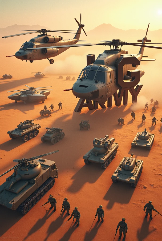 "A highly detailed desert battlefield scene with a vast army standing on the ground. The army is equipped with tanks, missiles, and fighter planes positioned alongside the soldiers. Two fighter helicopters are flying in the sky, holding a large 3D metallic text that reads 'KG ARMY' in bold, clear letters. The helicopters are positioned prominently, close to the viewer, giving a strong and intense gaming vibe. The desert environment is realistic, with a bright sun casting long shadows across the ground. The entire scene has a dynamic, action-packed feel, with a focus on clarity and vibrancy, making it perfect for a gaming context."