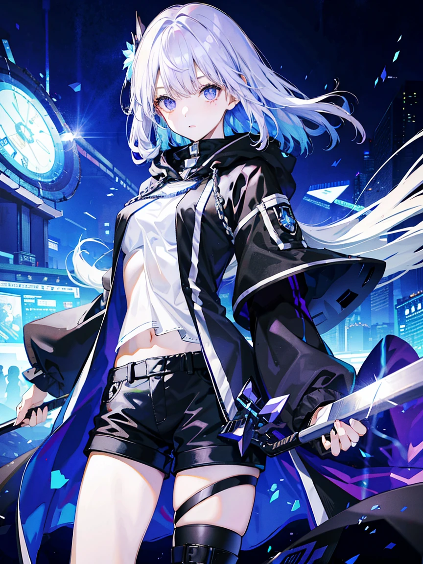 (Fine and beautiful eyes)、long hair,Long, blue-gray hair,Two moles,Mole under the eye,Beautiful purple eyes,Detailed eyes,Detailed face,Large breasts,Black Hoodie、Thin legs,Long black boots、High resolution eyes、Jewel-like eyes、Straight Hair、Minimally revealing clothing、Short, oversized black shorts、Shorts that cover the knees,Extreme Detail、High resolution、Shining Eyes,Standing with a weapon