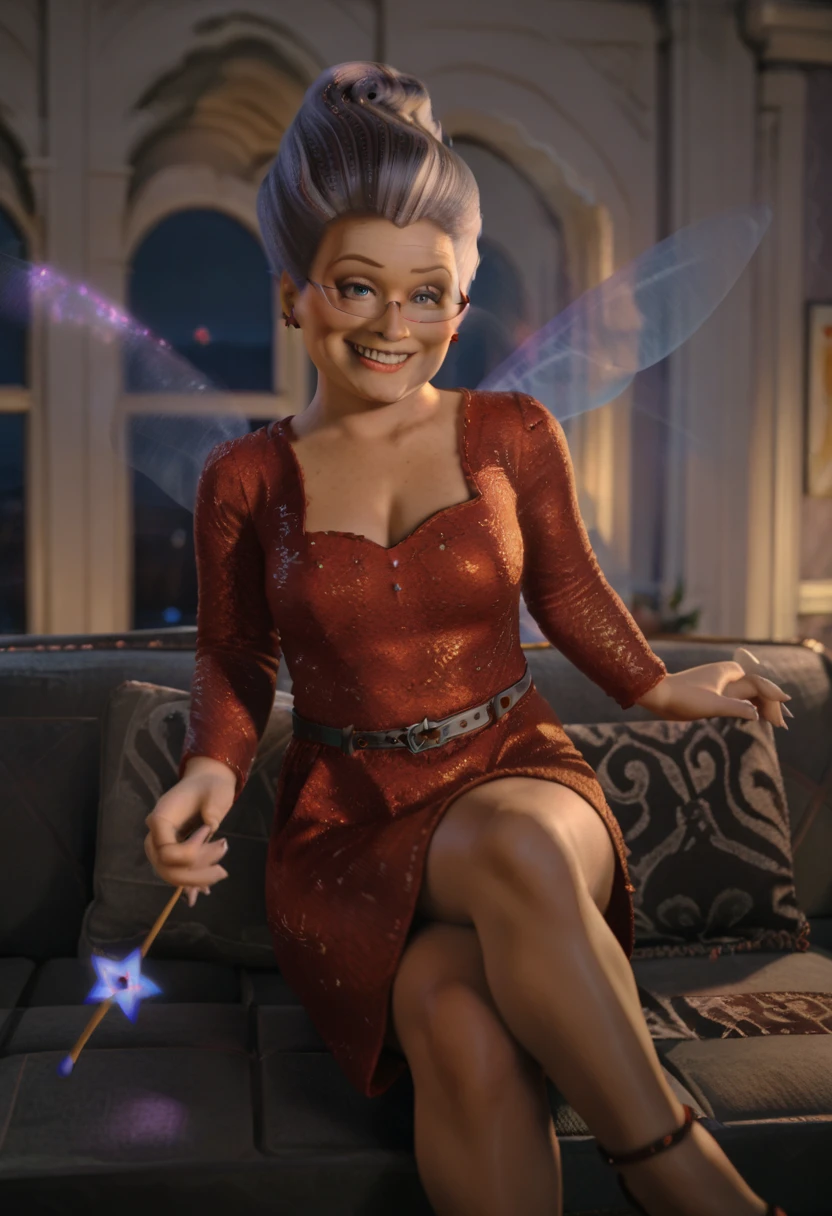 score_9, score_8_up, score_7_up, 1girl, solo, swirl hair, gray hair, gray eyes, glasses, star earrings, red dress, belt, cleavage, smile, 3d, 1 magic wand, wings, beauty mark, sitting on sofa, crossed legs, seductive smile, aroused, 