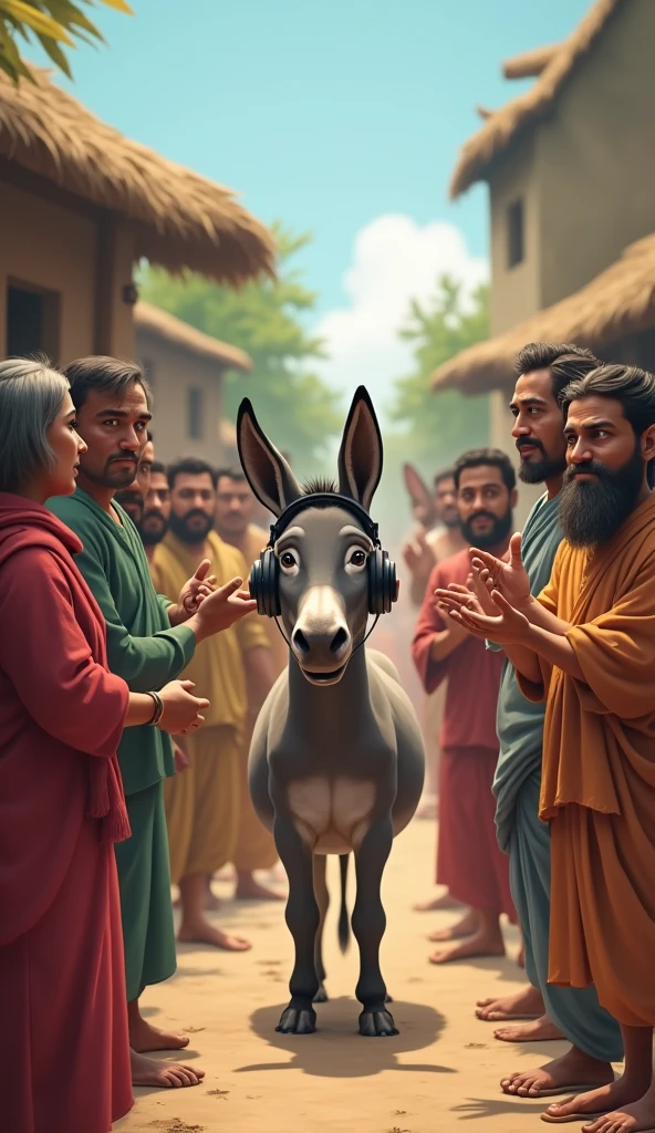 Villagers' reaction: The villagers were surprised and asked, "Mohan, why are the headphones on the donkey's ears?"

