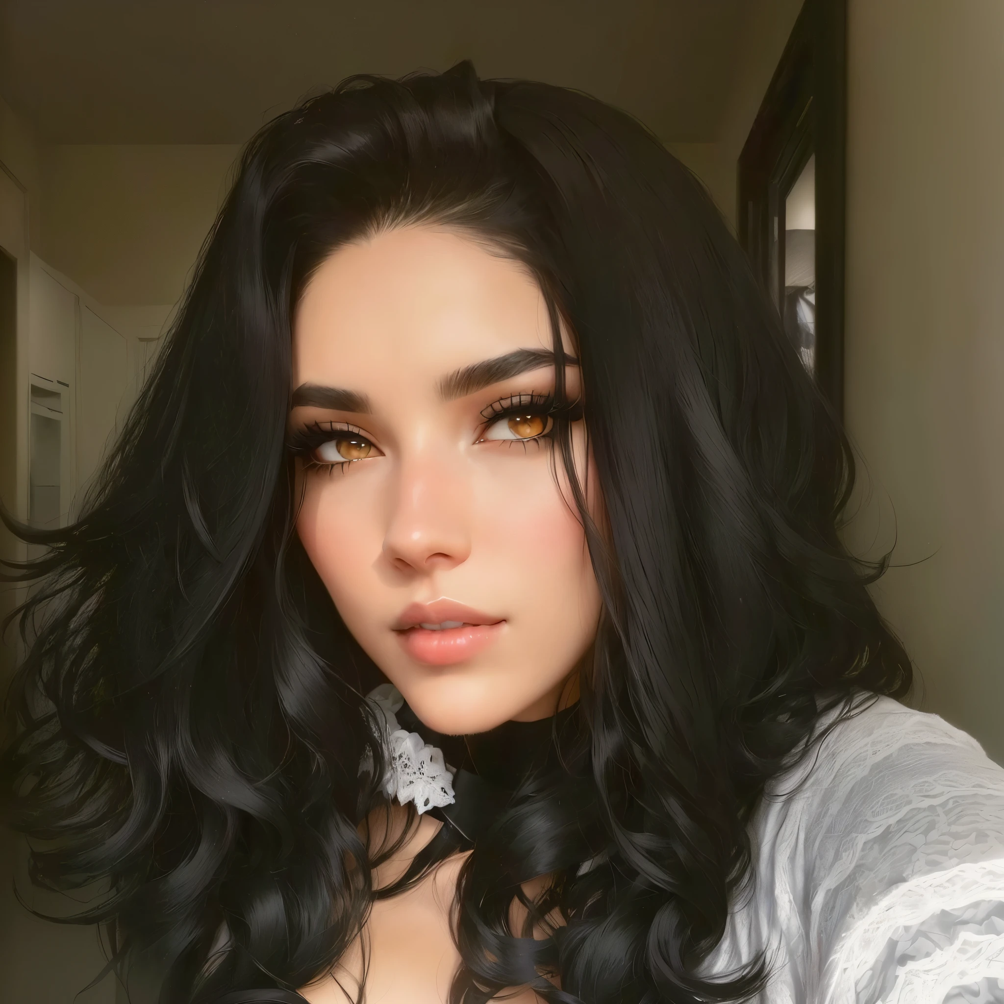 There is a woman with long black hair taking a selfie, black fur y ojos grandes, Chica con black fur, pale skin persian girl, dark hair and makeup, wonderful dark hair, lush black hair, Lush unkempt black hair, dark hair, black fur, dark hair, 1, girl with dark brown hair, black fur desordenado