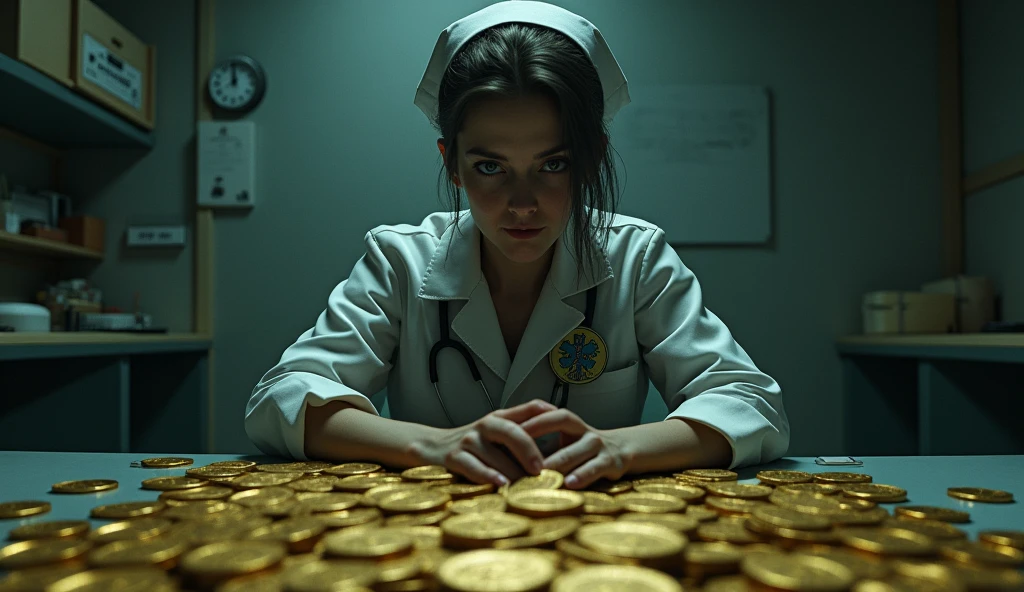 a gloomy nurse with an evil face is sitting at a desk, where there are many gold coins stacked