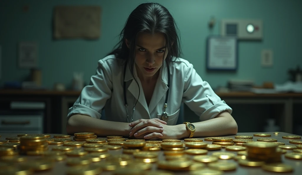 a gloomy nurse with an evil face is sitting at a desk, where there are many gold coins stacked