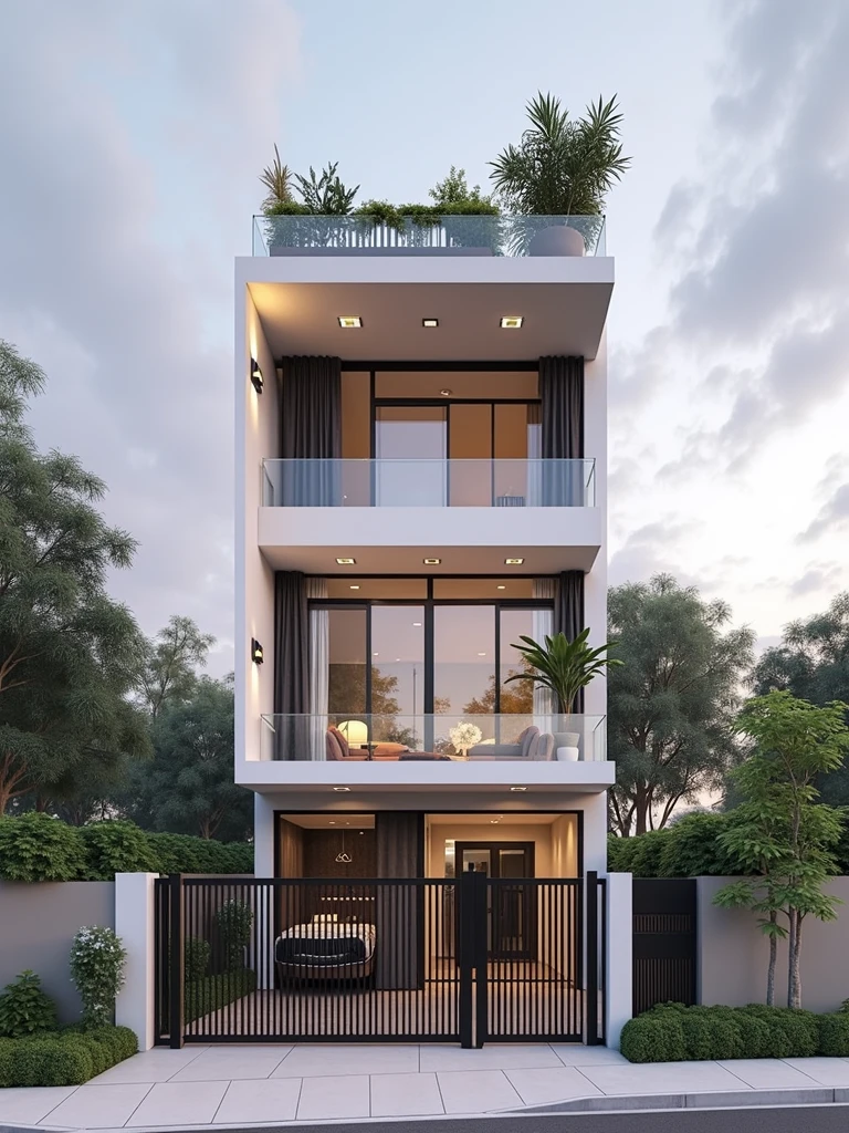 The space is designed according to Feng Shui rules, colors, architecture, style, perspective outside the house, modern style, moderate lighting, large balcony, no outside furniture arrangement. House, with parking