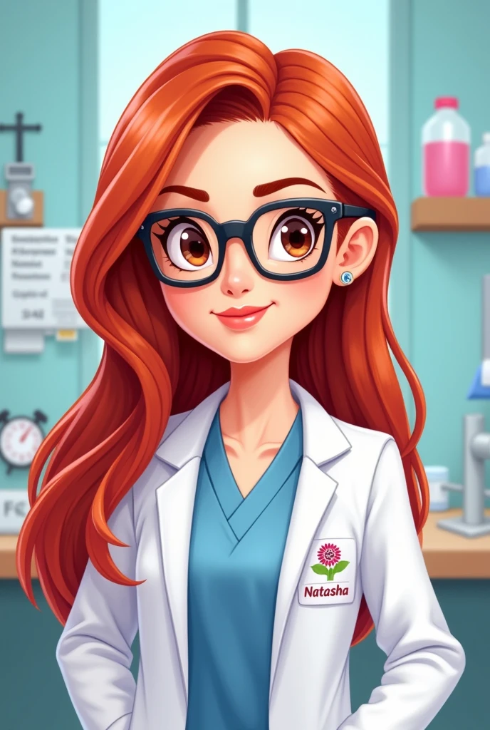 Long hair redhead female cartoon character, white, brown eyes and straight hair, wearing a lab coat with Natasha written on it and wearing glasses in a doctor's office