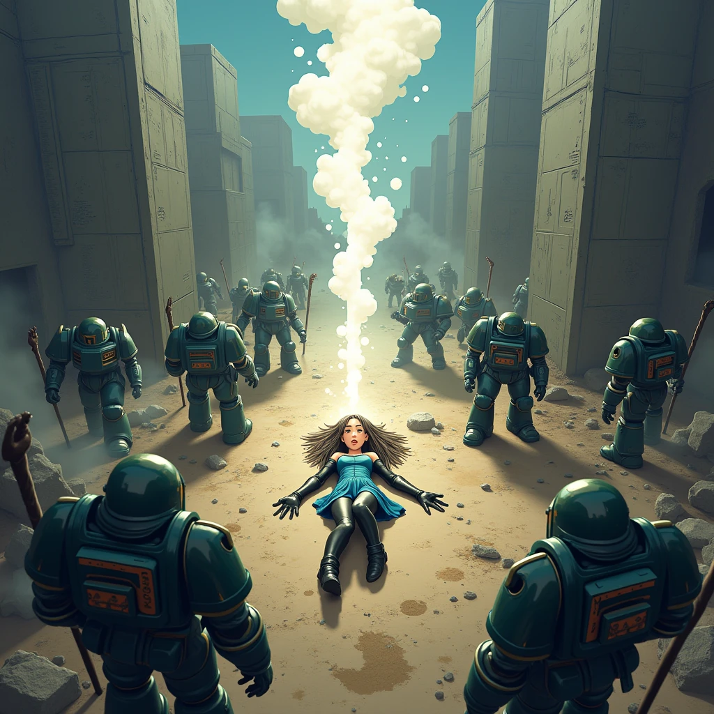 Battlefield from Warhammer 40,000 top view, space marines stand and shoot, in the middle lies an anime guy with his eyes closed and a cartoon soul comes out of his body upward