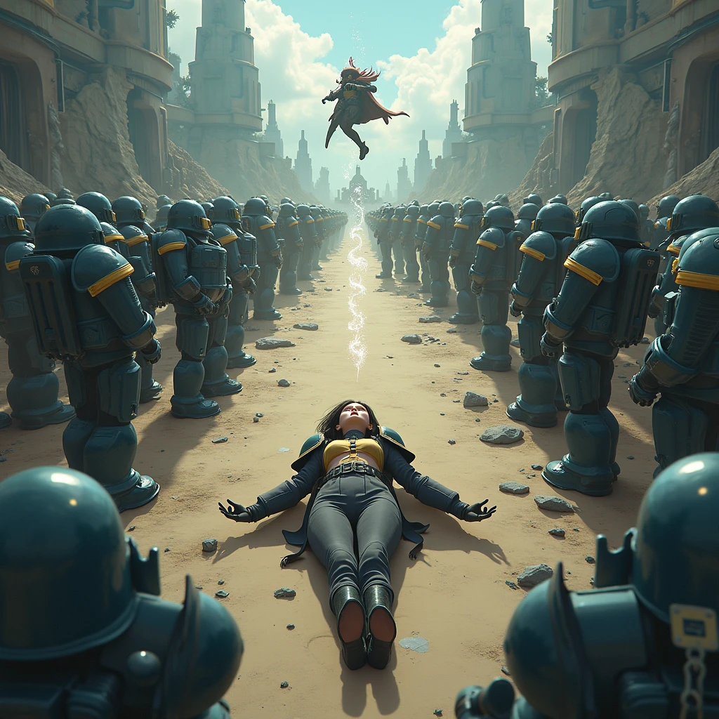 Graphics novel illustration, best quality, high resolution, 8k aesthetic, mesmerizing celestial moonlight, Over the walls of a large castle. A beautiful young woman in a short (Armored Dress), hogtied&gagged, ((laying on stomach)), short skirt, feet bound, feet up, ankles bound, lift skirt, heels, hands together elbows apart, feet linked to shoulders. Large walls in the background, bound with jute rope. The cloudy sky breaking to reveal the blue moon. Rain is pouring across the landscape as heavy wind blows the banners at the crenellations. lightning strikes in the background directly hyper realistic. Epic scene like a dream. The world is majestic and darkess is about to prevail. Beautiful masterpiece of art.. beautiful contrast of the light along the walls which has an incredible reflection. Laying on walls. dress made of iron on the female. high aspect ratio. beautiful composition. detailed textures. beautiful detailed moon.