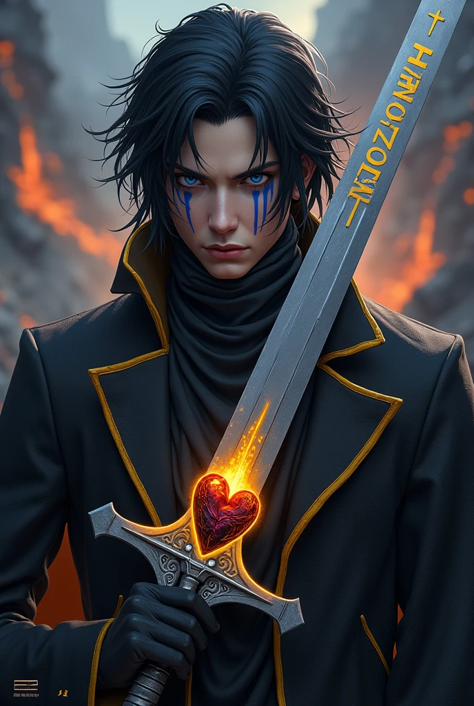 A 2 man, with medium black hair, with blue eyes with blue stripes near the eyes forming a line, with a black overcoat with yellow stripes, with a thin long sword, with a volcano heart inside the blade, but the blade is gray and has Helsen written in yellow on the blade, RPG style.