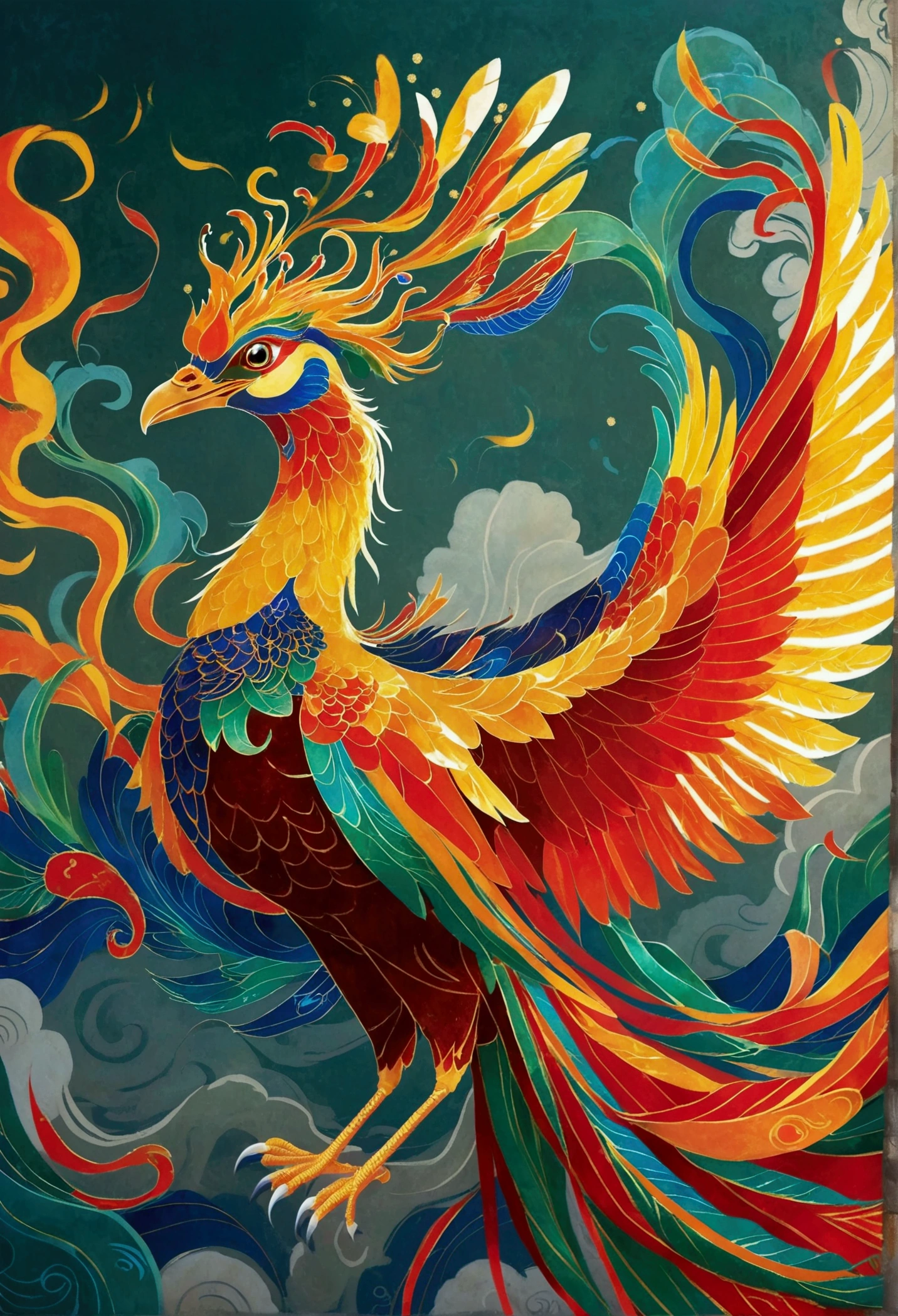 A traditional Chinese phoenix, known as Fenghuang, in full display. This bird is characterized by its vibrant blend of red, green, yellow, and blue feathers, giving it a majestic appearance. It is soaring high in a clear sky with its large, sweeping wings fully extended. Its long, graceful tail is flowing behind it. The bird has a regal crest on its head, and its beak and clawed feet are golden. As a symbol of grace, virtue, and nobility in Chinese mythology, the image should capture the phoenix's grandeur and elegance.