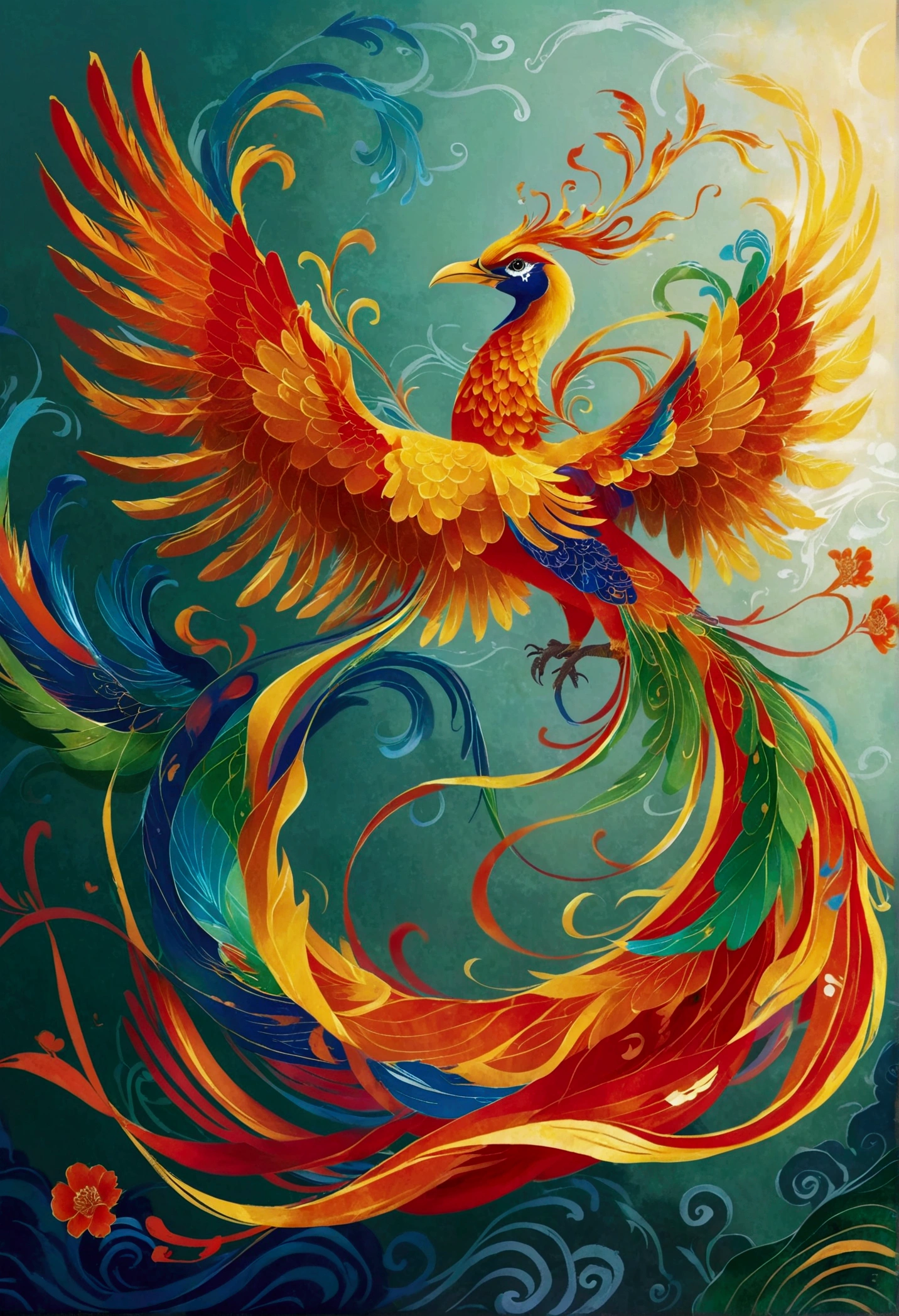 A traditional Chinese phoenix, known as Fenghuang, in full display. This bird is characterized by its vibrant blend of red, green, yellow, and blue feathers, giving it a majestic appearance. It is soaring high in a clear sky with its large, sweeping wings fully extended. Its long, graceful tail is flowing behind it. The bird has a regal crest on its head, and its beak and clawed feet are golden. As a symbol of grace, virtue, and nobility in Chinese mythology, the image should capture the phoenix's grandeur and elegance.