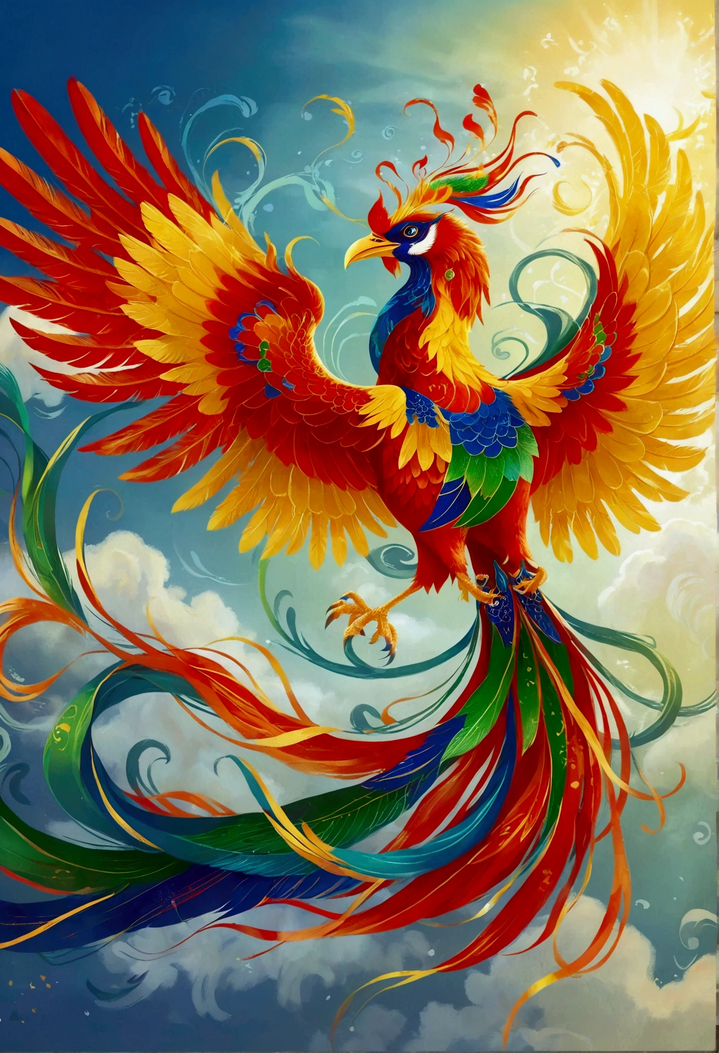 A traditional Chinese phoenix, known as Fenghuang, in full display. This bird is characterized by its vibrant blend of red, green, yellow, and blue feathers, giving it a majestic appearance. It is soaring high in a clear sky with its large, sweeping wings fully extended. Its long, graceful tail is flowing behind it. The bird has a regal crest on its head, and its beak and clawed feet are golden. As a symbol of grace, virtue, and nobility in Chinese mythology, the image should capture the phoenix's grandeur and elegance.