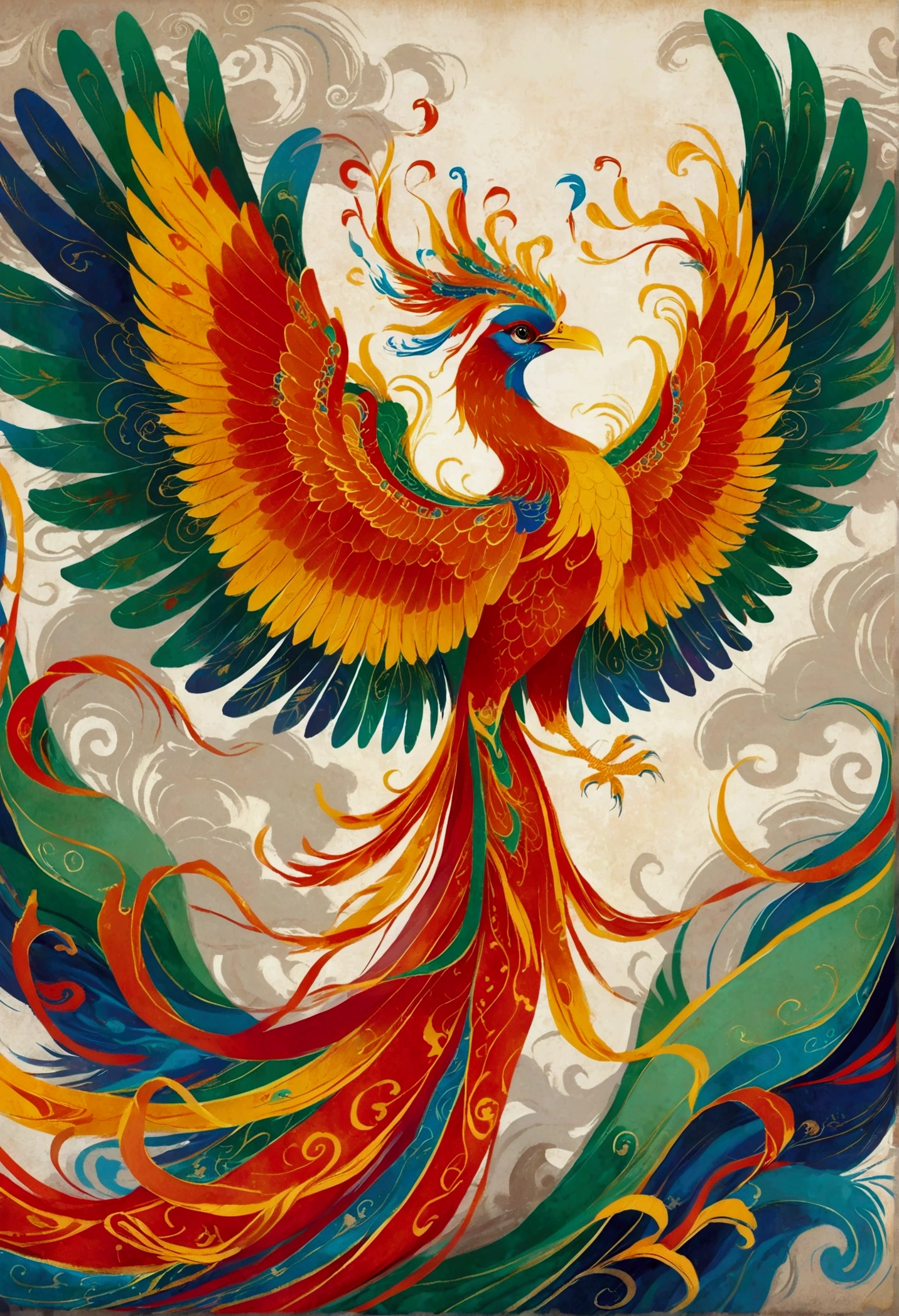 A traditional Chinese phoenix, known as Fenghuang, in full display. This bird is characterized by its vibrant blend of red, green, yellow, and blue feathers, giving it a majestic appearance. It is soaring high in a clear sky with its large, sweeping wings fully extended. Its long, graceful tail is flowing behind it. The bird has a regal crest on its head, and its beak and clawed feet are golden. As a symbol of grace, virtue, and nobility in Chinese mythology, the image should capture the phoenix's grandeur and elegance.