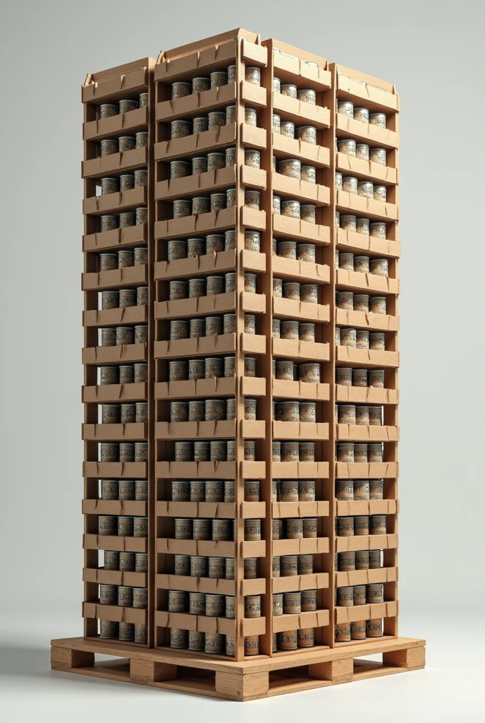 Stacking of 144 cardboard trays with 10 cans in each tray, on top of a wooden platform