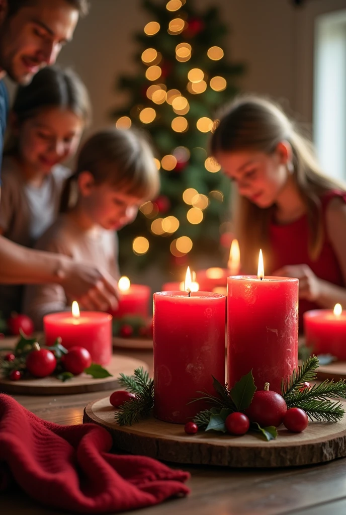 Realistic 4k image of how to make red candles with Christmas decorations at home,along with molds, waxes, fragrances,Several people making them