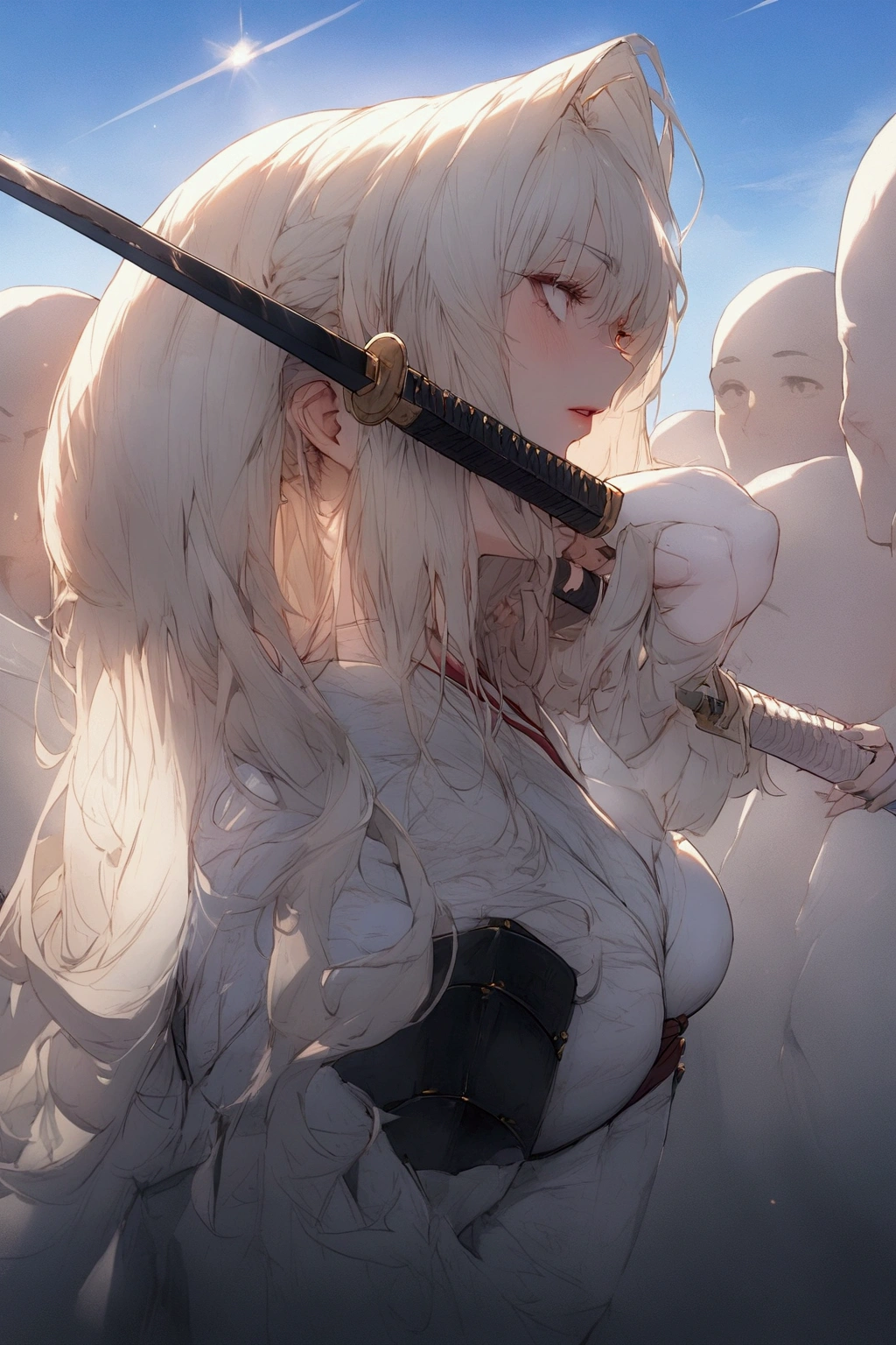 (1 woman in Japan)、((Japanese female military commander))、(Goddess of War)、((Old Japanese Armor))、((Holding the Japan sword))、(True to prompts)、(Deluxe)、(Feminine hourglass curves)、(Muscular)、(Glaring with sharp eyes)、(unrealistic, Oversized breasts),(Outdoor)、(Remains)、((A large number of people))、(sunny)、(blue sky)、(Best lighting)、{{{Browsing Caution}}}、{{{masterpiece}}}, {{{Highest quality}}}, {{ultra-detailed}}, {{shape}}, {{{Very delicate and beautiful}}},{{extremely detailed CG}}、{{unity 8k portrait}}、{{Fabric Shading}}、{{super detailed skin}}、{{Perfect Anatomy}}、{{detailed}}、{{Dynamic Lighting}}、{{{beautiful detailed eyes}}}、{{{beautiful detailed Face}}}、(Perfect Face)、(非常にdetailedな顔)、(Perfect Eyes)、(Perfect Legs)、(Perfect breasts)、(Perfect pose)、(Perfect body)