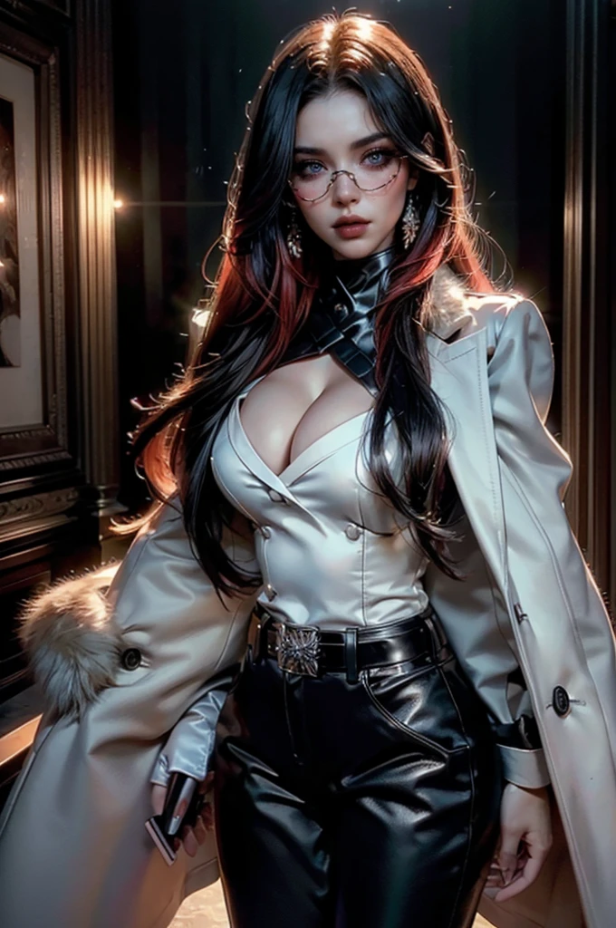 (cowboy shot), a beautiful young woman with long red hair, lora_Emma, ((black high waist leather pants)), ((formal white top with cleavage)), waist belt, a white fur coat, reflective silk scarf, (red shaded sunglasses), standing outside, (best quality,4k,8k,highres,masterpiece:1.2),ultra-detailed,(realistic,photorealistic,photo-realistic:1.37),detailed face, detailed eyes, detailed lips, long eyelashes, beauty, fashion, portrait, glamorous, elegant, studio lighting, dramatic lighting, high contrast, vivid colors, cinematic, ((coat on shoulders))